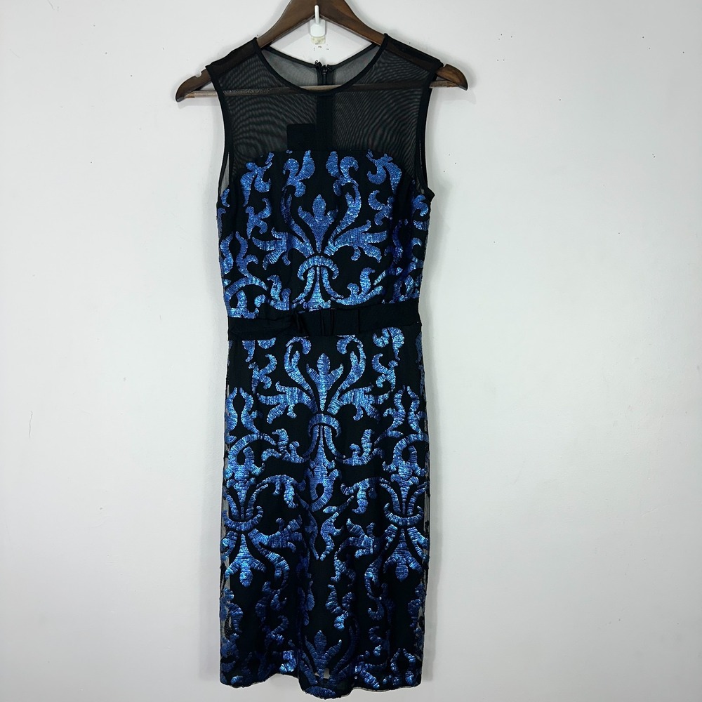 The Limited Cocktail Dress Womens 6 Black Blue Sequin Damask Mesh Illusion Neck